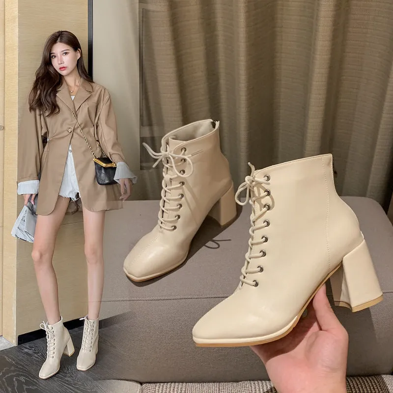 Women's Lace-up Short Boots British Style Thick Heel Martin Boots