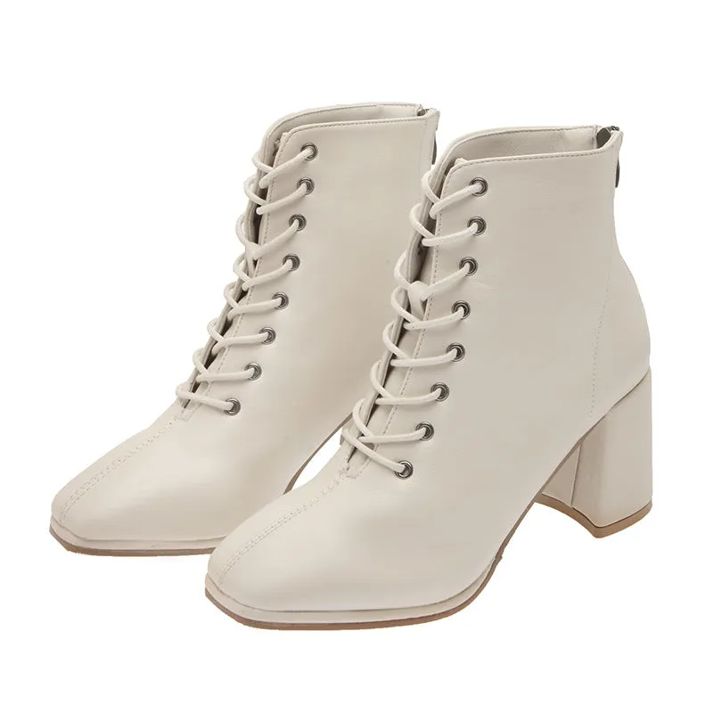 Women's Lace-up Short Boots British Style Thick Heel Martin Boots