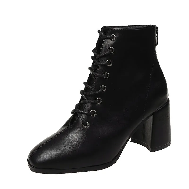 Women's Lace-up Short Boots British Style Thick Heel Martin Boots