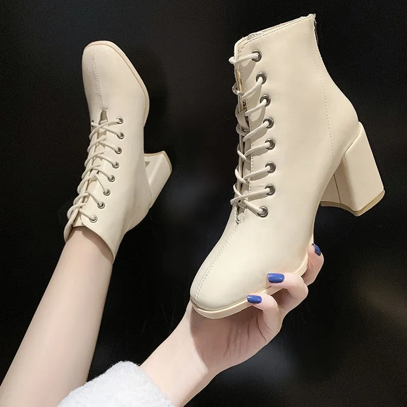 Women's Lace-up Short Boots British Style Thick Heel Martin Boots