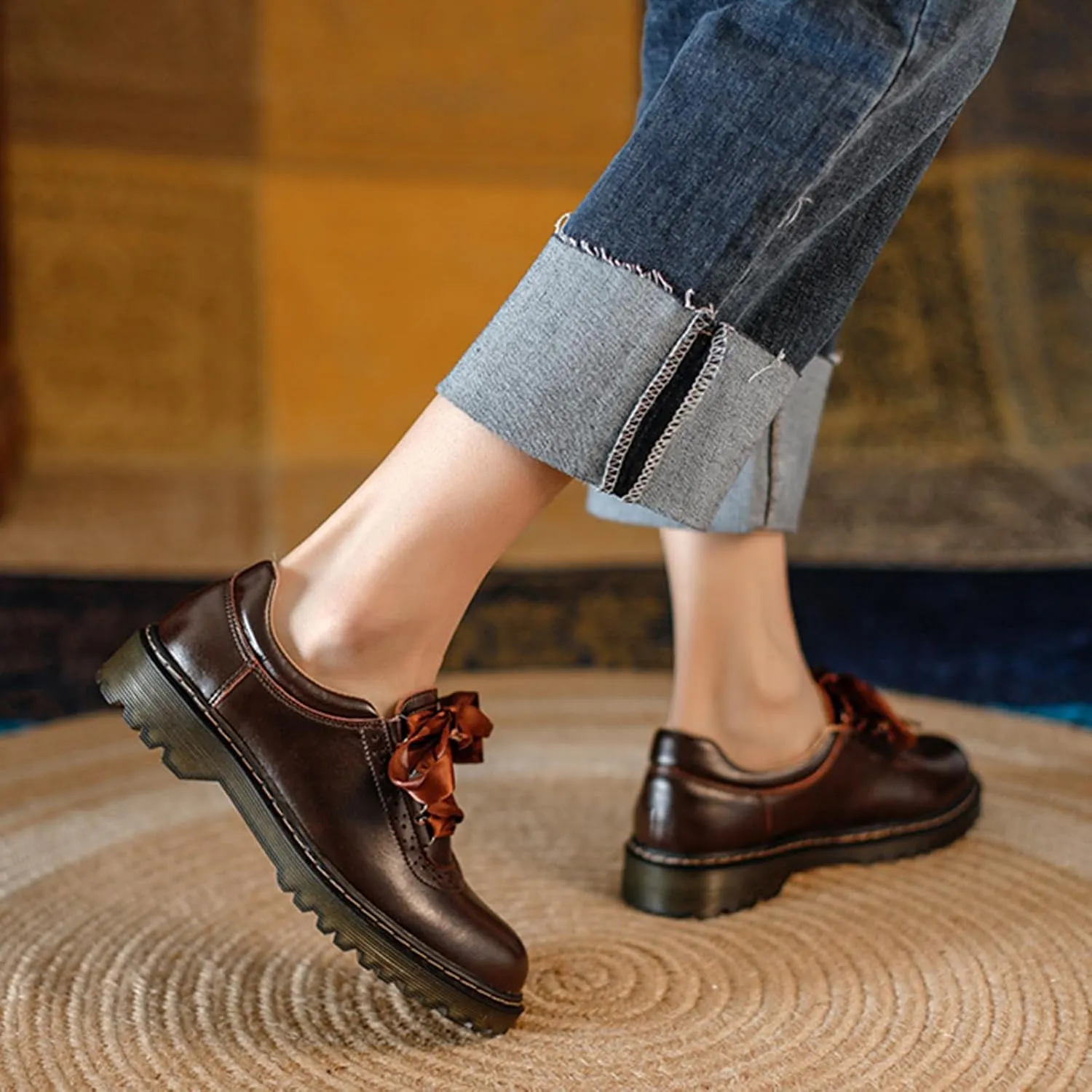 Women's Retro Round Toe Loafers with Silk Ties, Thick Soles, and Chunky Heels for School Or Work - Women's Single Shoes
