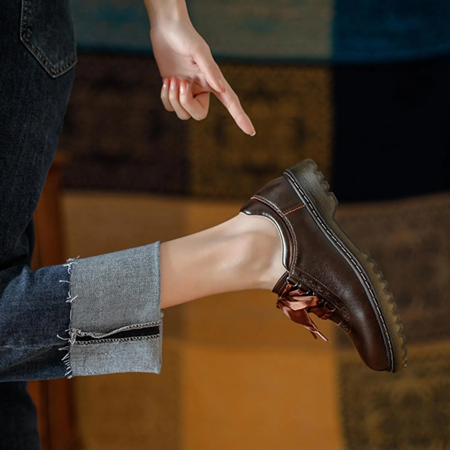 Women's Retro Round Toe Loafers with Silk Ties, Thick Soles, and Chunky Heels for School Or Work - Women's Single Shoes