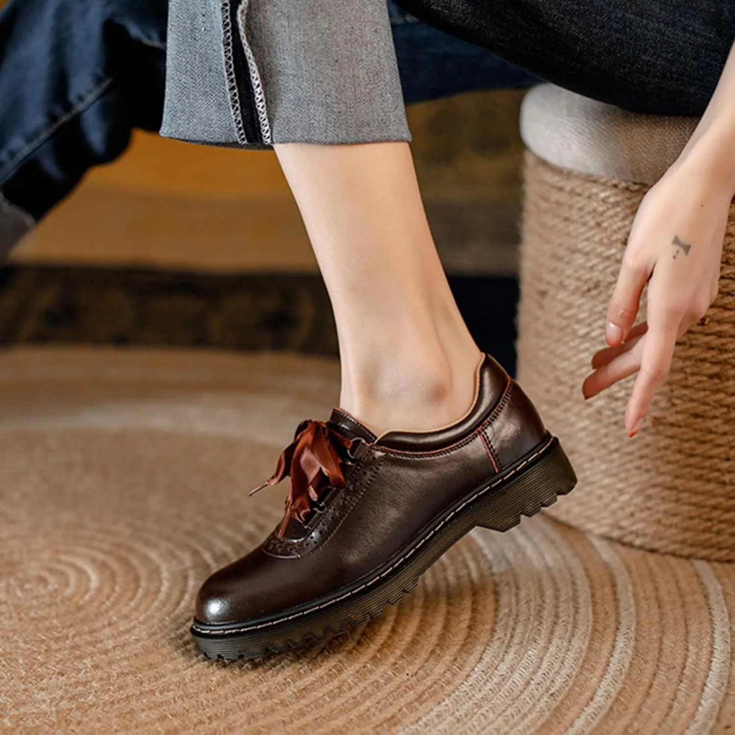 Women's Retro Round Toe Loafers with Silk Ties, Thick Soles, and Chunky Heels for School Or Work - Women's Single Shoes